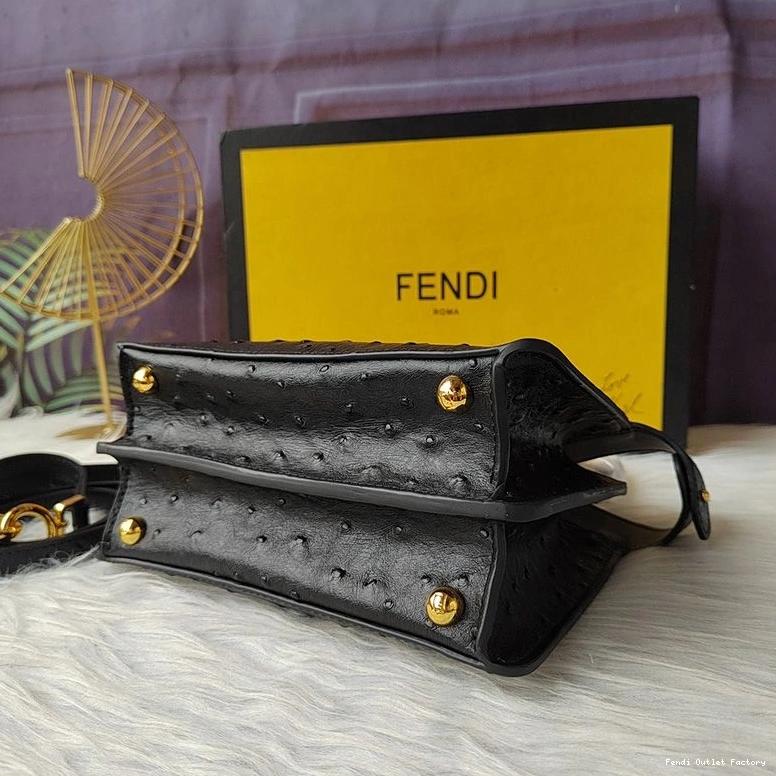 Vintage HOT Peekaboo Bag Ostrich In Fendi Petite ISeeU Black Leather 0819